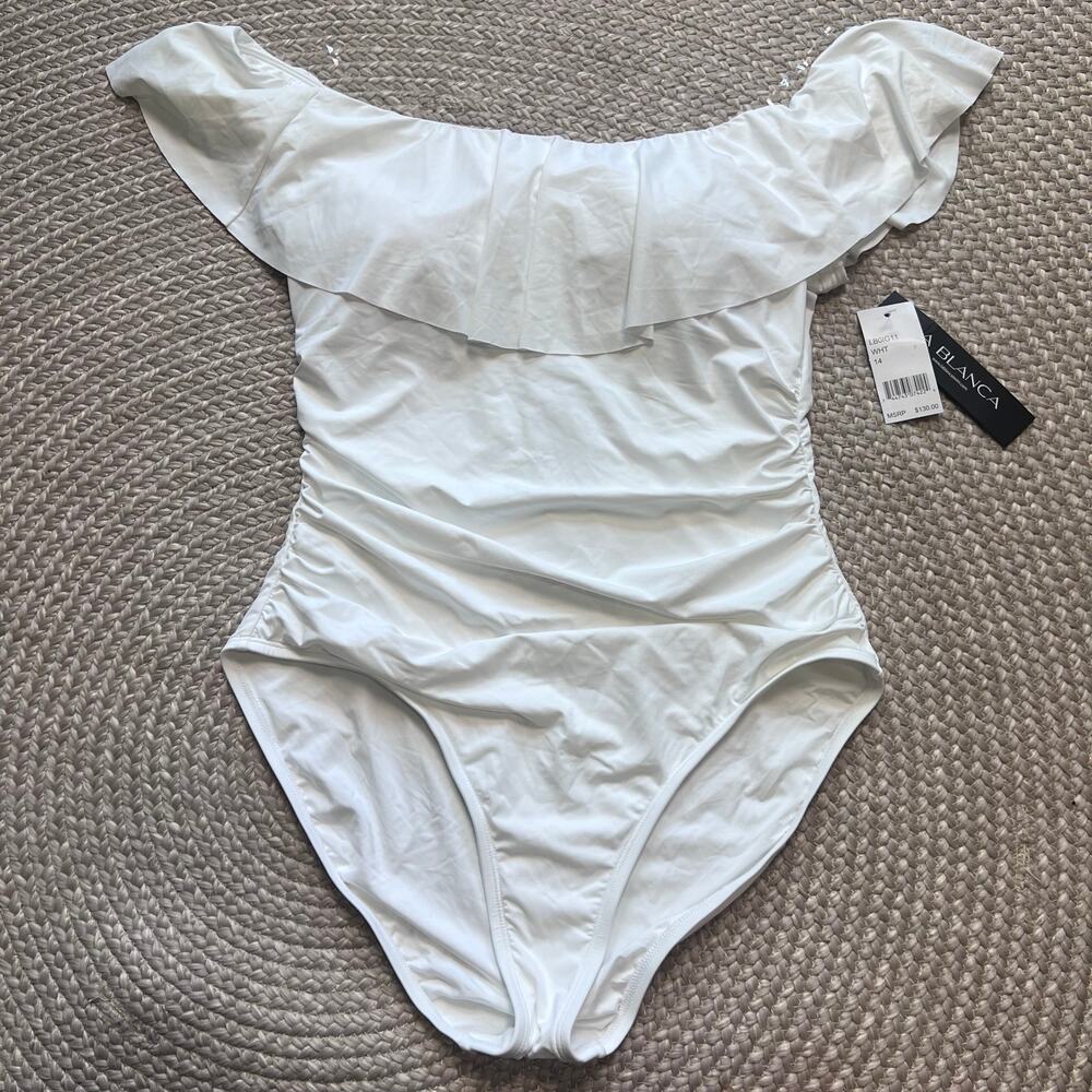 La Blanca Island Goddess Off Shoulder Ruffle Swimsuit Sz 14